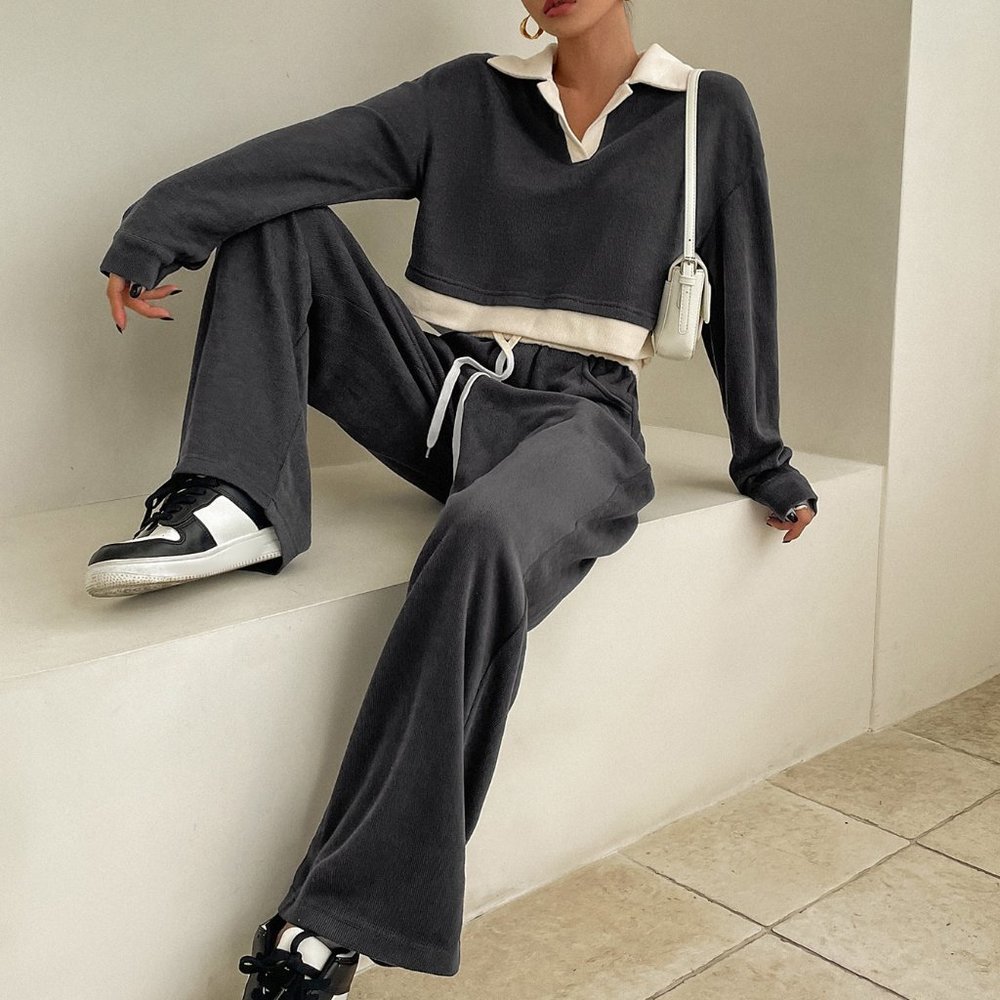 Dark Grey Casual Womens Collar Drop Shoulder Crop Sweatshirt & Sweatpants - Picture 3 of 6